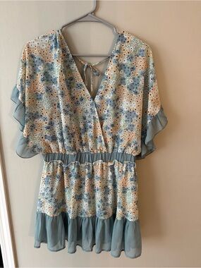 Umgee Blue Cream Floral Ruffle Romper